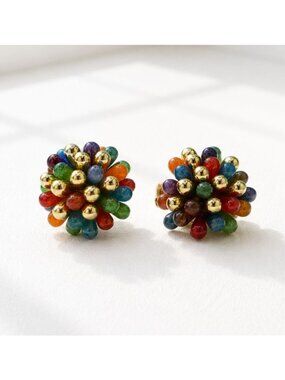 Vintage Multicolor Beaded Clip-On Earrings With Gold-Tone Accents Retro Style Un